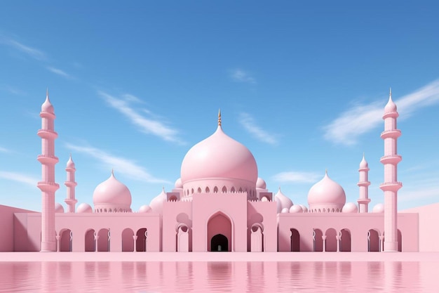 una mezquita rosa con un cielo azul y nubes al fondo.