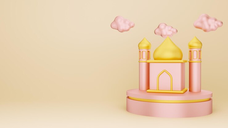 Mezquita rosa y dorada sobre un fondo rosa