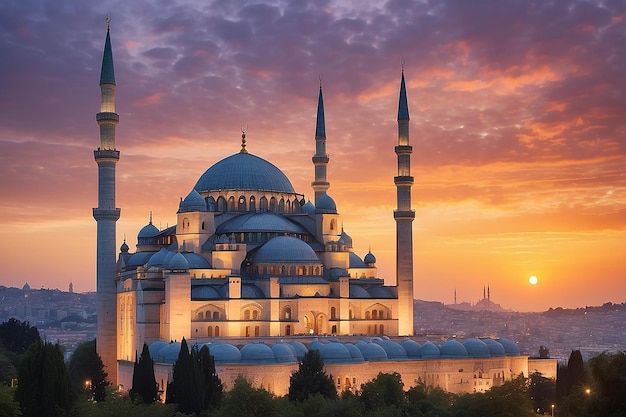 Mezquita Suleymaniye en el distrito de Sultanahmet, el casco antiguo de Estambul, Turquía, puesta de sol en Estambul