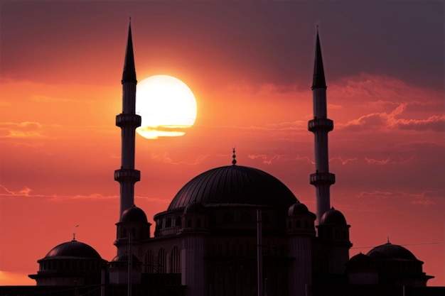 Una mezquita taksim con una puesta de sol detrás