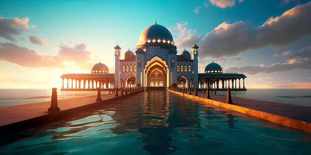 Mezquita tranquila junto al mar donde los fieles encuentran consuelo en la oración mientras contemplan las tranquilas aguas IA generativa