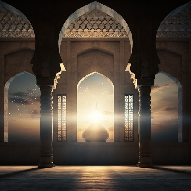 Foto una mezquita con ventanas arqueadas y líneas de sol