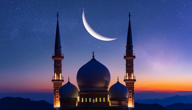Mezquitas Cúpula en el cielo crepuscular azul oscuro y Luna Creciente en el símbolo de fondo religión islámica Ramadán y espacio libre para texto árabe Eid alAdha Eid alfitr Mubarak Año nuevo islámico Muharram