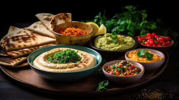 Mezze para untar del Medio Oriente con hummus Baba Ghanoush y tabulé