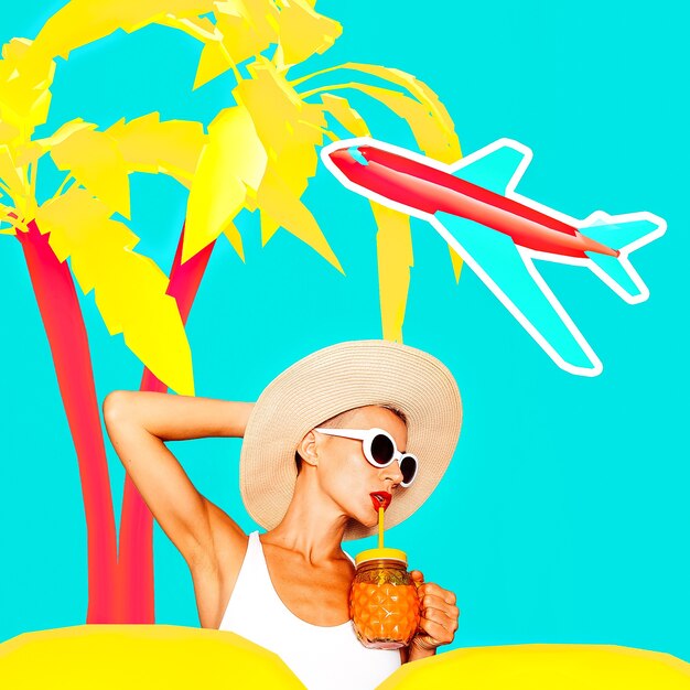 Foto mi colorido concepto de vacaciones. estilo lady beach. arte minimalista de verano