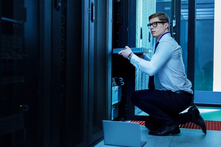 Foto mi dia de trabajo. operador profesional inspirado que trabaja con equipos de servidor en la oficina