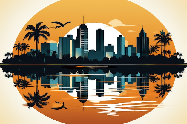 Miami em estilo de arte linear palmeiras e arranha-céus sol paisagem urbana Impressão de cartão postal de viagem