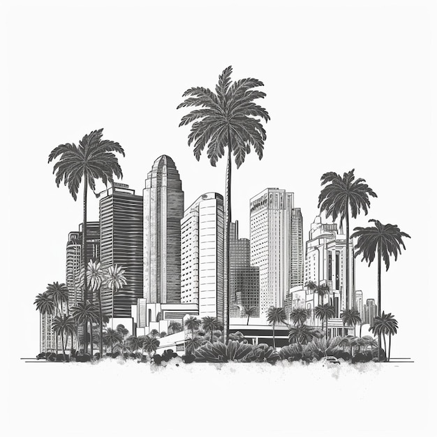 Miami line art estilo palmeiras e arranha-céus casas modernas blackwhite Generative AI