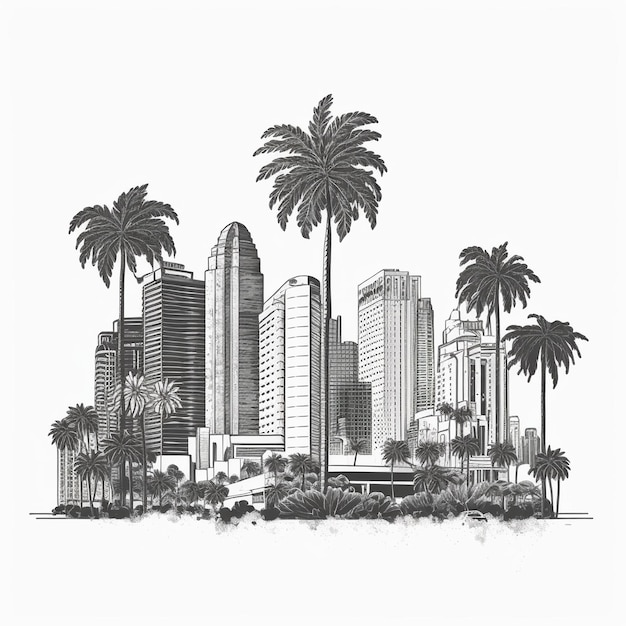 Miami line art style palmeras y rascacielos casas modernas blackwhite Generative AI