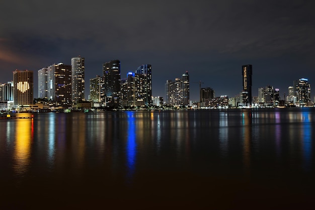 Miami night Miami Florida panorama do pôr do sol com negócios iluminados coloridos e edifícios residenciais e ponte na Baía de Biscayne