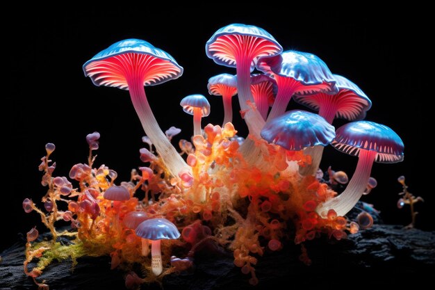 Foto el micelio de hongos en colores de neón fantasía setas sobre un fondo negro oscuro