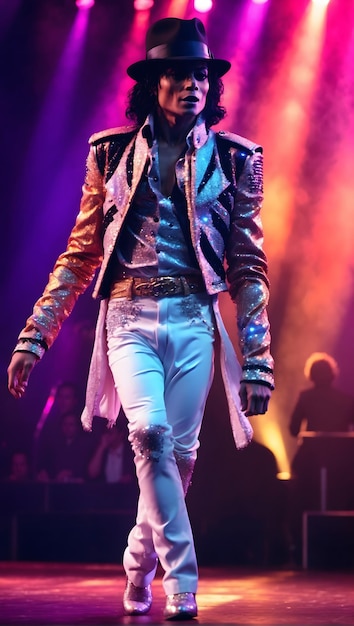Michael Jackson se apresentando ao vivo no palco iluminação dinâmica pose enérgica traje detalhado