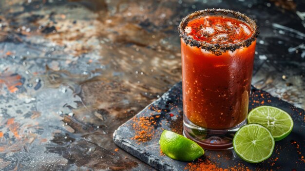 Foto michelada picante recién hecha con rebanadas de lima en una tabla de pizarra