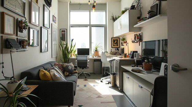 Micro apartamento elegante para um com sala de estar aberta para o escritório em casa e cozinha Generative Ai