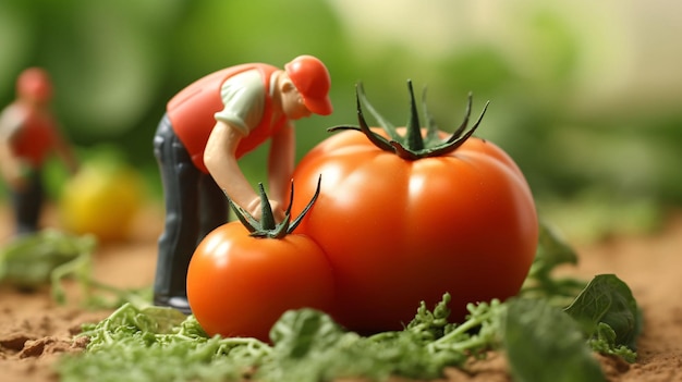 Micro hombre en miniatura creatividad de frutas y verduras macro villano ilustración de escena de comida