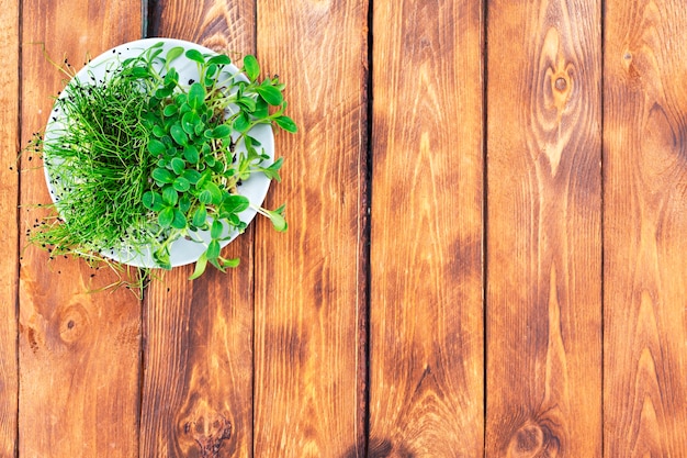 Micro verdes en un plato sobre una vieja mesa de madera vintage