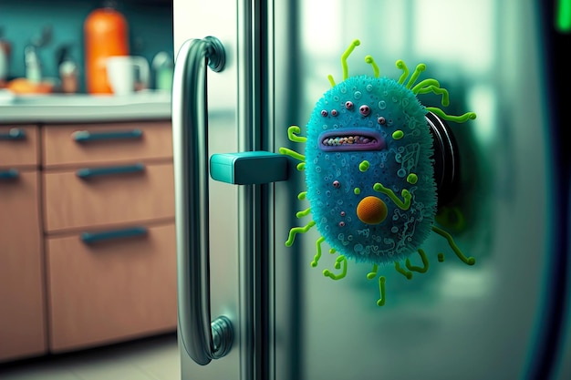 Microbio bacteria peligrosa en la manija de la puerta en la cocina generativa ai