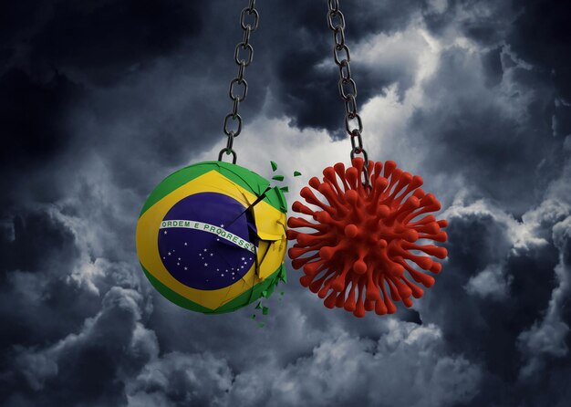 Micróbio de vírus esmagando a bola de bandeira do brasil d render