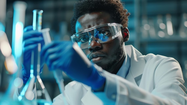 Foto microbiologista afro-americano elegante misturando produtos químicos em um laboratório com óculos de proteção cientista preto bonito trabalhando em um laboratorio moderno com equipamentos tecnológicos