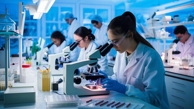 Foto microbiólogos trabajando en un laboratorio moderno