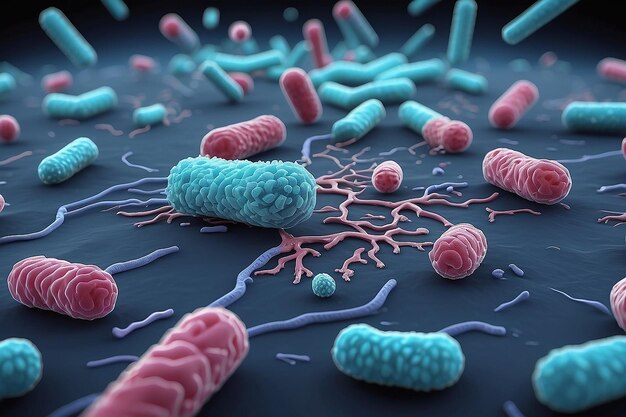 Foto microbioma de bifidobacterium lactobacillus azul bajo el microscopio células probióticas renderización 3d