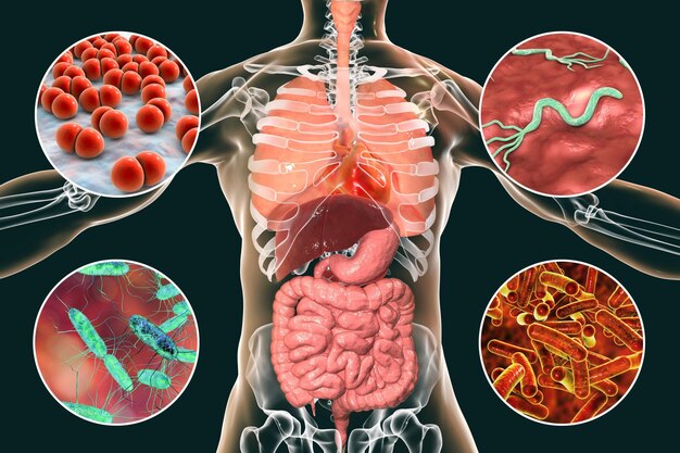 Foto micróbios patogénicos humanos patógenos respiratórios e entéricos ilustração 3d mycobacterium tuberculosis helicobacter pylori escherichia coli shigella