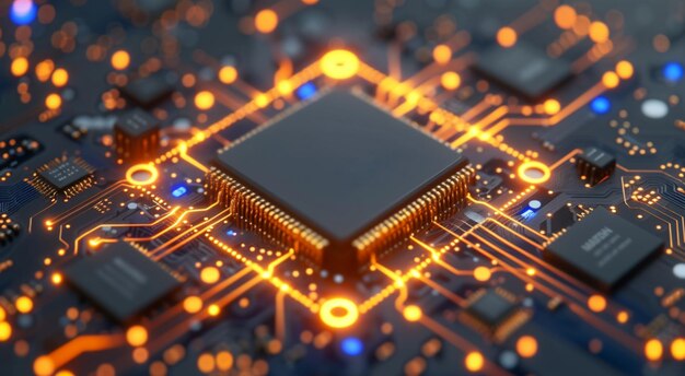 Microchip AI 3D com linhas de circuito formando uma rede expansiva