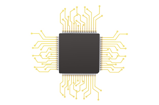 Microchip con circuito sobre un fondo blanco.