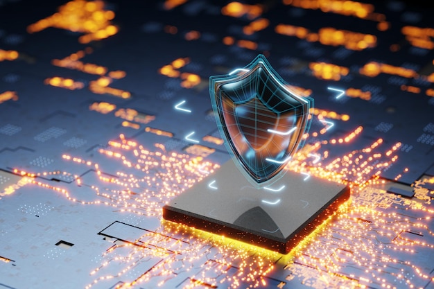 Microchip criptografía concepto de protección de datos Protección de la información personal Internet para empresas Proteger sus datos Seguridad cibernética Protección crítica de la CPU Rendering 3D
