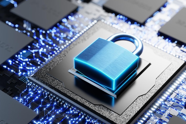 Microchip criptografía Protección de la información personal Internet para empresas Seguridad cibernética Concepto de protección de datos Proteger sus datos Protección crítica de la CPU Rendering 3D