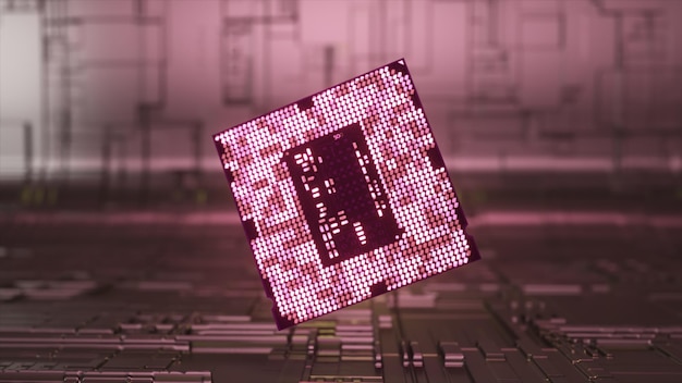 El microchip gira sobre el piso luz de neón rosa fondo abstracto computadora inteligencia artificial