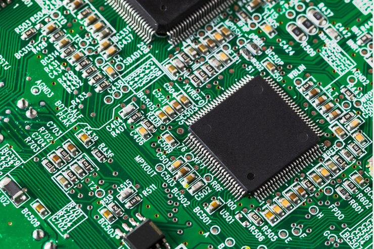 Foto microchip en placa de circuito impreso