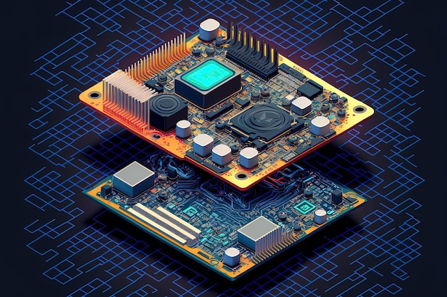 El microchip del procesador isométrico y la placa base electrónica