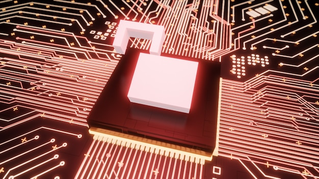 Microchip de símbolo de candado abierto en el circuito de la placa base dentro del hardware informático pirateado, protección de datos digitales de fugas de representación 3d y fondo de concepto de negocio de baja seguridad cibernética