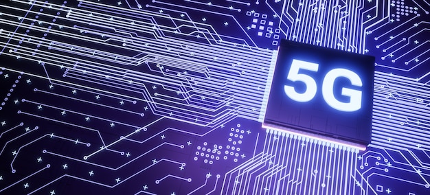 Microchip de soporte 5G en la placa de circuito del teléfono inteligente, microprocesador de comunicación inteligente de iot, fondo de concepto de tecnología de internet de red móvil en tiempo real rápido futurista de representación 3d