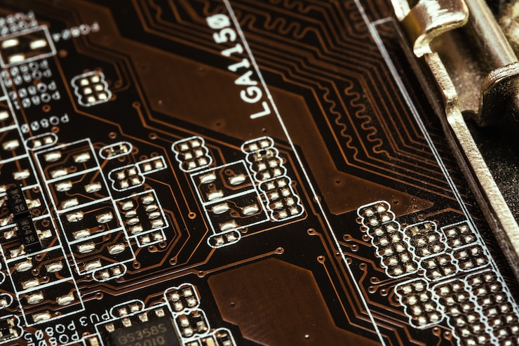 Foto microcircuito con pistas en la placa de circuito impreso