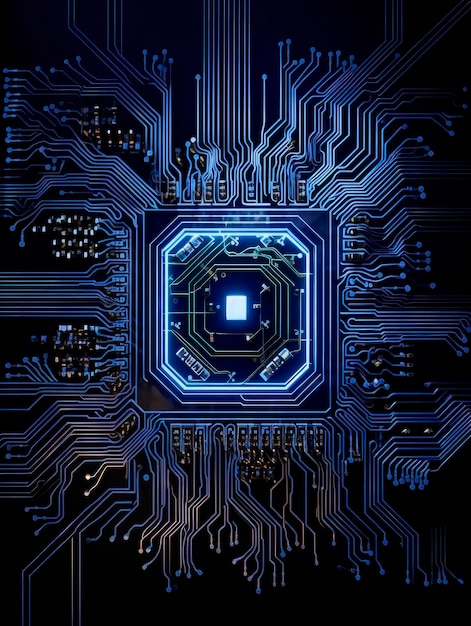 Microcircuitos com centro brilhante de néon Banner da web de inteligência artificial Generative AI