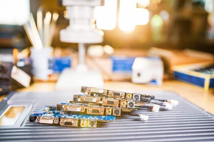 Foto microcircuitos integrados verdes eléctricos de primer plano en producción