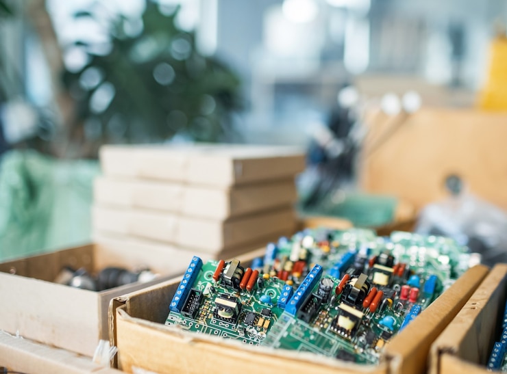 Foto los microcircuitos integrados verdes de primer plano se apilan en una caja para prepararse para el futuro en la fábrica para la producción de equipos