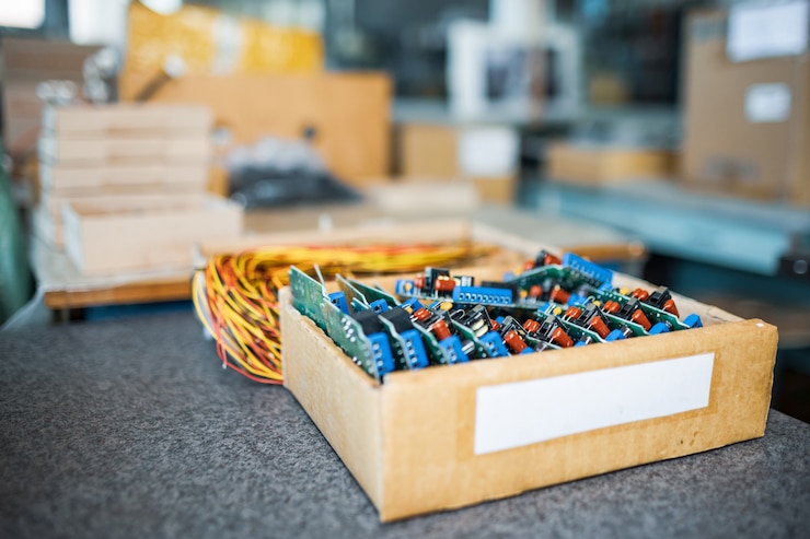 Foto los microcircuitos integrados verdes de primer plano se apilan en una caja para prepararse para el futuro en la fábrica para la producción de equipos