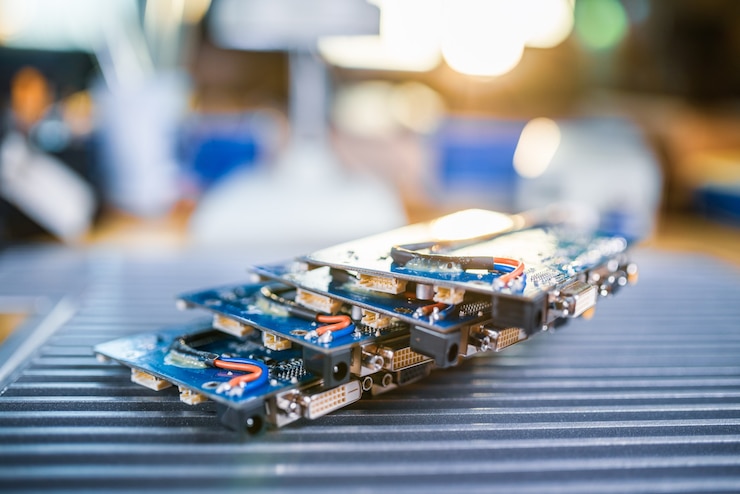 Foto los microcircuitos integrados verdes de primer plano se apilan en la placa de prueba para prepararse para la producción adicional de computadoras en la fábrica para la producción de equipos