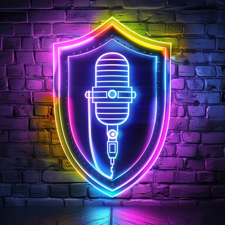 Foto microfone com desenho de escudo em cores de néon