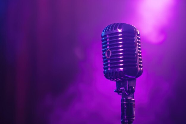 Microfone de conceito de podcast em fundo púrpura desfocado