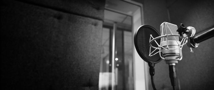 Foto microfone de estúdio ou microfone para gravação para cantor vocal ou locutor comercial com montagem antichoque