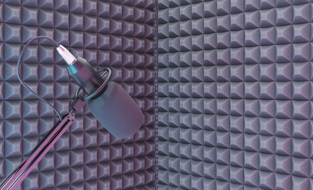 Foto microfone de estúdio sobre um canto de gravação com espuma acústica