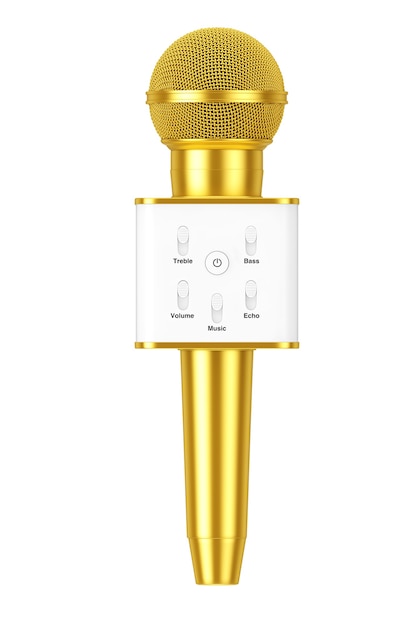 Microfone de karaokê sem fio de rádio pessoal vocal sem fio moderno dourado com alto-falante e controles de som em um fundo branco. Renderização 3D