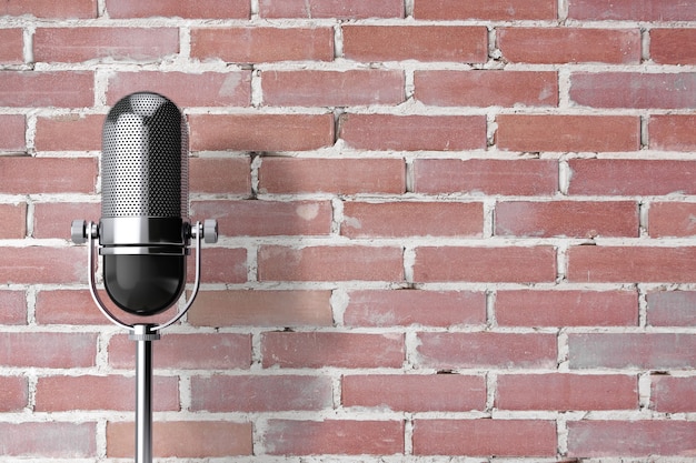 Microfone de prata vintage na frente da parede de tijolos. renderização 3d.