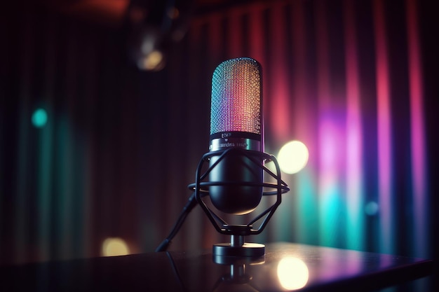 Microfone em uma sala de podcast bokeh background gradiente neon lights Generative AI