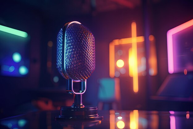 Microfone em uma sala de podcast bokeh background gradiente neon lights Generative AI