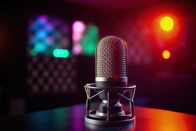 Microfone em uma sala de podcast bokeh background gradiente neon lights Generative AI